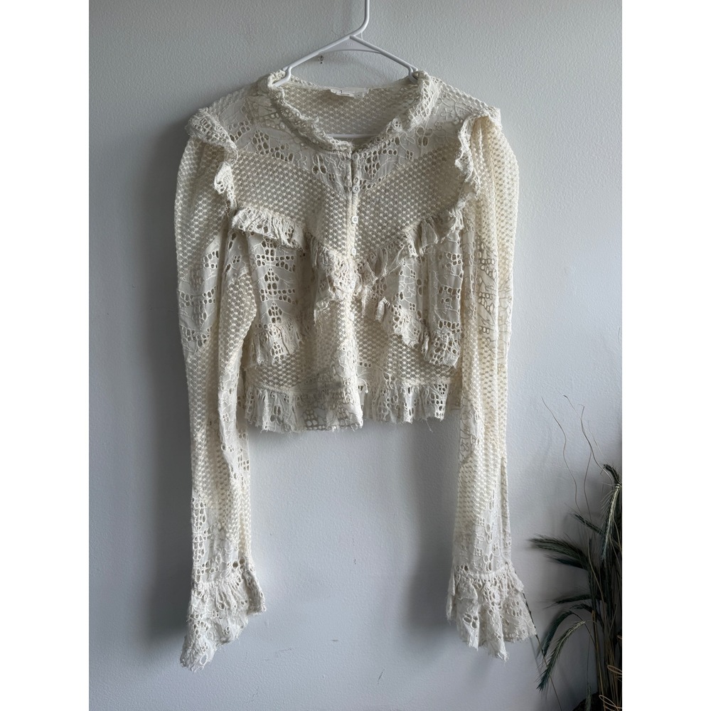 Anthropologie Ivory Lace Ruffle Cropped Cardigan Top Womens Size Lโ Eyelet Boho